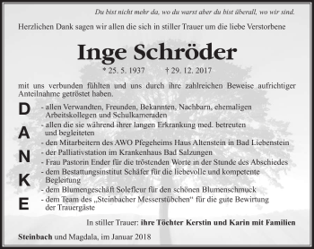 Traueranzeige von Inge Schröder von Südthüringer Presse