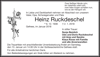 Traueranzeige von Heinz Ruckdeschel von Frankenpost