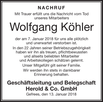 Traueranzeige von Wolfgang Köhle von Frankenpost