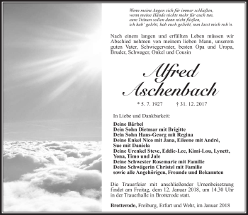 Traueranzeige von Alfred Aschenbach von Südthüringer Presse