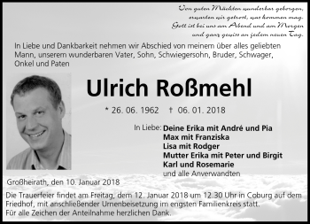 Traueranzeige von Ulrich Roßmehl von Neue Presse Coburg