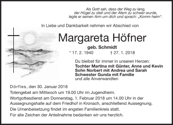 Traueranzeige von Margareta Höfner von Neue Presse Coburg