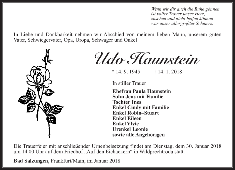  Traueranzeige für Udo Haunstein vom 25.01.2018 aus Südthüringer Presse