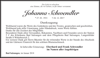 Traueranzeige von Johanna Schwendler von Südthüringer Presse