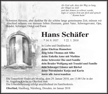 Traueranzeige von Hans Schäfer von Südthüringer Presse