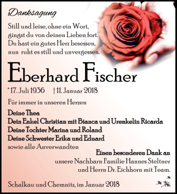 Traueranzeige von Eberhard Fischer von Südthüringer Presse