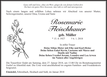 Traueranzeige von Rosemarie Fleischhauer von Südthüringer Presse