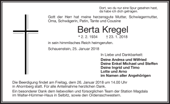 Traueranzeige von Berta Kregel von Frankenpost