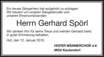 Traueranzeige von Gerhard Spörl von Frankenpost