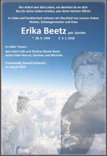 Traueranzeige von Erika Beetz von Südthüringer Presse