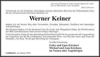 Traueranzeige von Werner Keiner von Südthüringer Presse