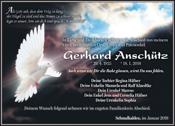Traueranzeige von Gerhard Anschütz von Südthüringer Presse
