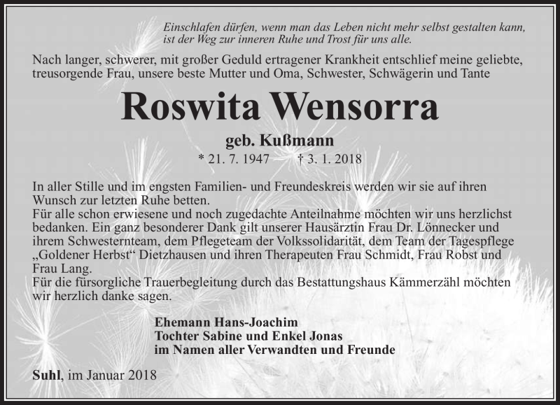  Traueranzeige für Roswita Wensorra vom 06.01.2018 aus Südthüringer Presse