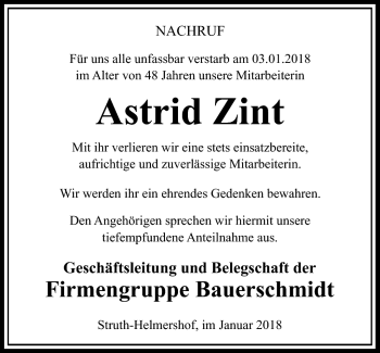 Traueranzeige von Astrid Zint von Südthüringer Presse