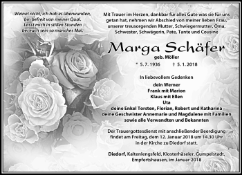 Traueranzeige von Marga Schäfer von Südthüringer Presse