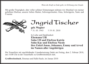 Traueranzeige von Ingrid Tischer von Südthüringer Presse