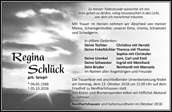 Traueranzeige von Regina Schlück von Südthüringer Presse