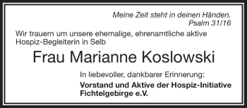 Traueranzeige von Marianne Koslowski von Frankenpost