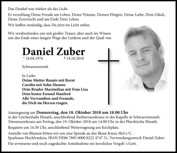 Traueranzeige von Daniel Zuber von Frankenpost