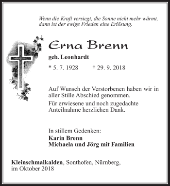 Traueranzeige von Erna Brenn von Südthüringer Presse