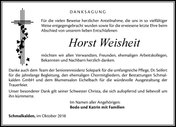 Traueranzeige von Horst Weisheit von Südthüringer Presse