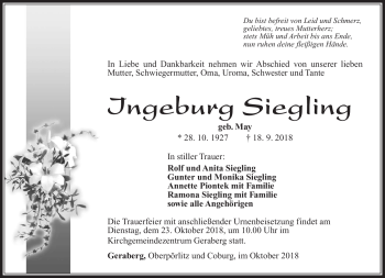 Traueranzeige von Ingeburg Siegling von Südthüringer Presse