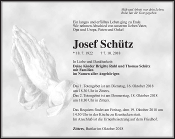 Traueranzeige von Josef Schütz von Südthüringer Presse