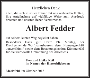 Traueranzeige von Albert Fedder von Südthüringer Presse
