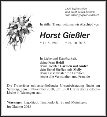 Traueranzeige von Horst Gießler von Südthüringer Presse