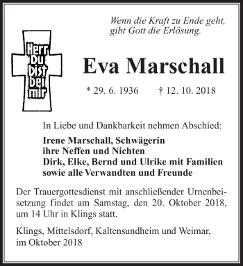 Traueranzeige von Eva Marschall von Südthüringer Presse