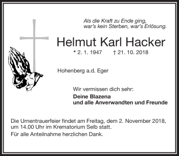 Traueranzeige von Helmut Karl Hacker von Frankenpost