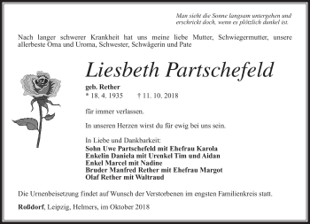 Traueranzeige von Liesbeth Partschefeld von Südthüringer Presse