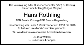Traueranzeige von Hans Röthling von Neue Presse Coburg