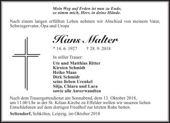 Traueranzeige von Hans Malter von Südthüringer Presse