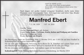 Traueranzeige von Manfred Ebert von Südthüringer Presse