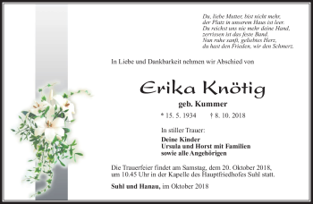Traueranzeige von Erika Knötig von Südthüringer Presse