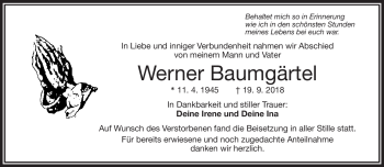 Traueranzeige von Werner Baumgärtel von Frankenpost
