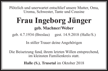 Traueranzeige von Ingeborg Jünger von Südthüringer Presse