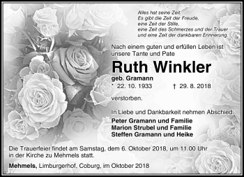 Traueranzeige von Ruth Winkler von Südthüringer Presse