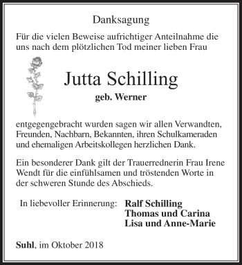 Traueranzeige von Jutta Schilling von Südthüringer Presse