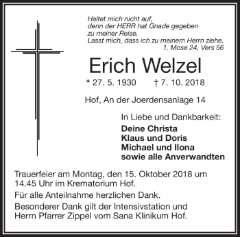 Traueranzeige von Erich Wetzel von Frankenpost