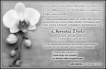 Traueranzeige von Christa Dolz von Südthüringer Presse