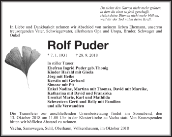 Traueranzeige von Rolf Puder von Südthüringer Presse