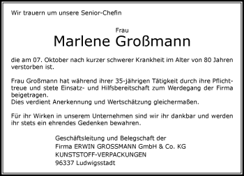 Traueranzeige von Marlene Großmann von Neue Presse Coburg
