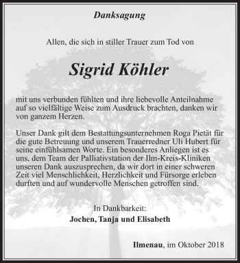 Traueranzeige von Sigrid Köhler von Südthüringer Presse