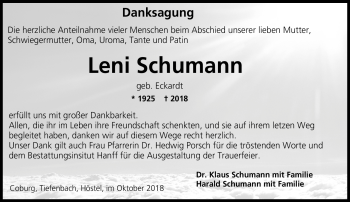 Traueranzeige von Leni Schumann von Neue Presse Coburg