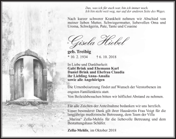 Traueranzeige von Gisela Hiebel von Südthüringer Presse