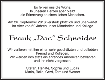Traueranzeige von Frank Schneider von Frankenpost