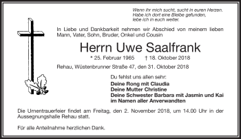 Traueranzeige von Uwe Saalfrank von Frankenpost