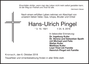Traueranzeige von Hans-Ulrich Pingel von Neue Presse Coburg
